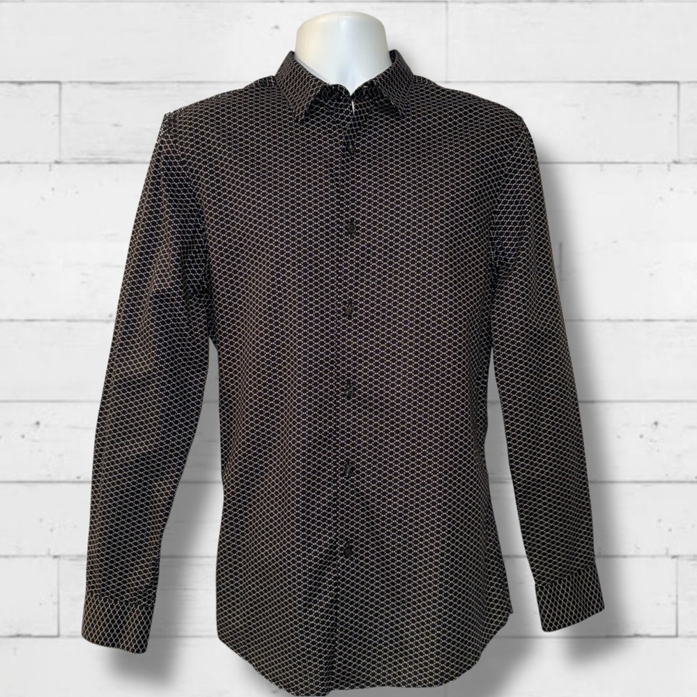 Perry Ellis Slim Fit Long Sleeve Button-Up Shirt Men’s M Black White Micro Print